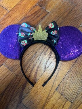 Purple Sequin Mouse Ear Headband with Gold Crown Bow